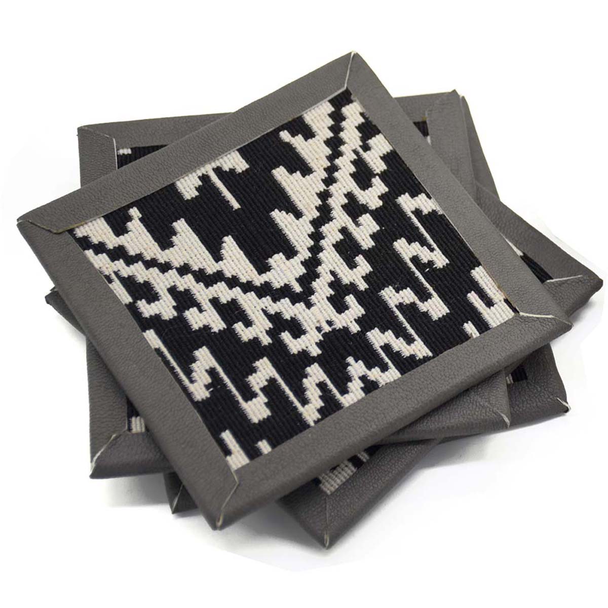 Coaster Sets Wholesale – Set of 4 Square Coasters with Holder – Handmade in Cotton – Black & White Ikat Pattern – Leather Trimmings – Table-Top Accessories 